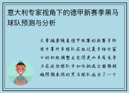 意大利专家视角下的德甲新赛季黑马球队预测与分析