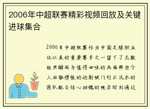 2006年中超联赛精彩视频回放及关键进球集合