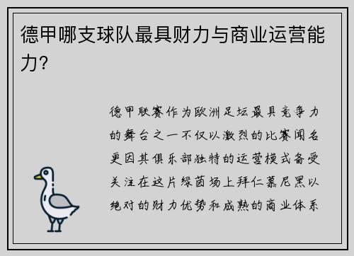 德甲哪支球队最具财力与商业运营能力？