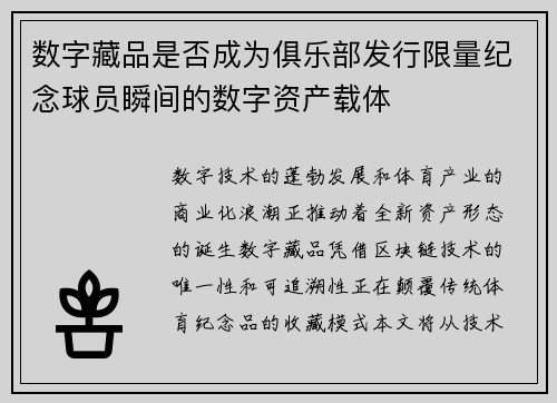 数字藏品是否成为俱乐部发行限量纪念球员瞬间的数字资产载体